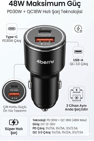 Bs02 Pd48w Dual Port Araç Şarj Cihazı Type-c Pd30w + Usb-a Qc3.0 48w Hızlı Şarj Adaptörü