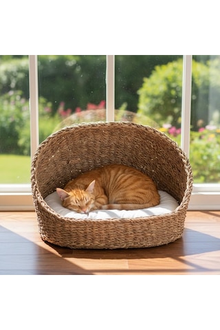 Oval Gölgelikli Hasır Kedi Ve Köpek Yatağı, 46x35 Cm Dekoratif Örme Sepet, Mağara Tipi Yarım Kapalı Kedi Evi, Y