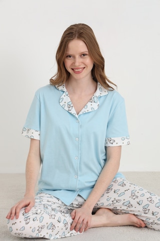 Elitol Pamuklu Kadın Düğmeli Pijama Takımı Mavi-1