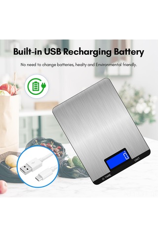 Youtek Dijital Mutfak Terazi, 5kg Kapasite, 7 Ölçü Birimi, Dokunmatik Tuş, Lcd Ekran, Usb Şarjlı, Paslanmaz Çelik Yüzey Siyah