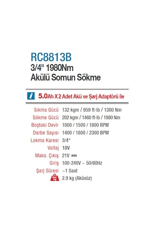 Rotake RC8813B 3/4 1980NM 20V 5Amper Kömürsüz Motor Darbeli Somun Sökme Sıkma Makinesi