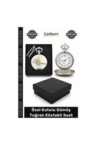 Özel Üretim Hediye Antika Görünüm Zincirli Osmanlı Temalı Özel Kutulu Gümüş Tuğralı Köstekli Saat Çok Renkli