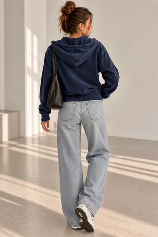 Bb Butik Basic Selanik Dokulu Fermuarlı Kapüşonlu Kadın Sweatshirt My3535 Lacivert