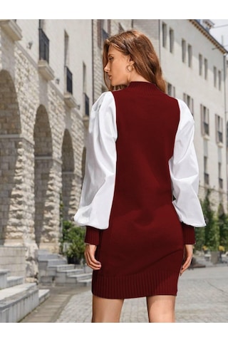 Aqe Fashion Bisiklet Yaka Selanik Örgü Yürütme Saç Desenli Gömlek Kol Triko Bordo Elbise Bordo