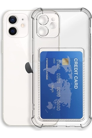 Apple Uyumlu iPhone 12 Mini Kapak Kamera Korumalı Kartlıklı Darbe Emici Özellikli Şeffaf Silikon Kılıf
