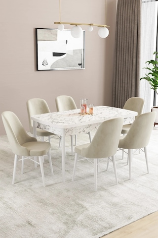 Familieconcept Almira Serisi, Beyaz Mermer Desen 80x132 Açılabilir Mdf Mutfak Masası Takımı 6 Adet Sandalye Krem