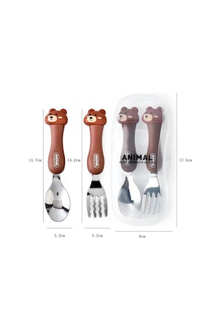 Kahverenk Ayı Figürlü Premium Çocuk Bpa Free Paslanmaz Çelik Uçlu Çatal-kaşık Set 24+ Ay