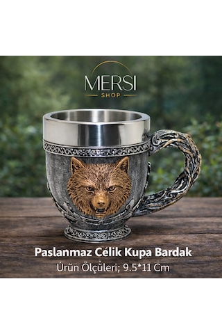 Mitolojik Ayı Figürlü 3d Kabartmalı Paslanmaz Çelik Kupa Bardak Dekoratif Viking Tarzı Kupa Gri - Gümüş