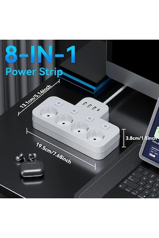 Xuweiwei 8 İn 1 Arada Standart Eu Priz 4 Usb Portu Usb C Portlu Bagimsiz Anahtarlı 152.4 304.8 Cm Uzatma Kablosu Siyah 5ft 1 5m