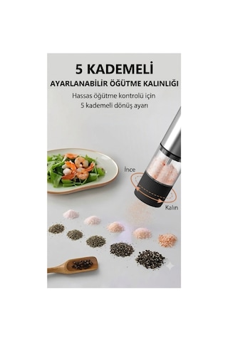 2 Adet Şarjlı Otomatik Baharat Öğütücü Değirmen - 5 Kademe Ayarlı Seramik 2'li Tuz Karabiber Değirmeni Siyah