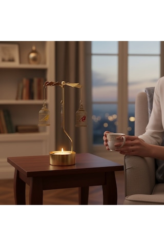 Altın Renkli Döner Kuş Kafesi Sarkaçlı Isı İle Dönen Dekoratif Mumluk Gold