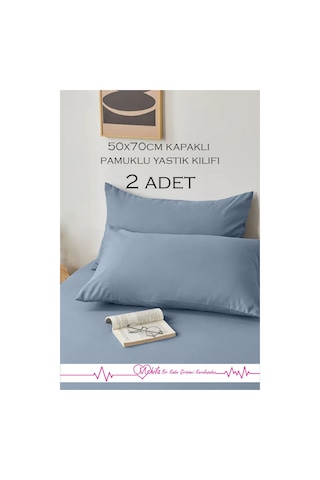 2 Adet Lüks Pamuklu Yastık Kılıfı 50x70 Kapaklı Model, Pamuklu Yastık Kılıfı Mavi