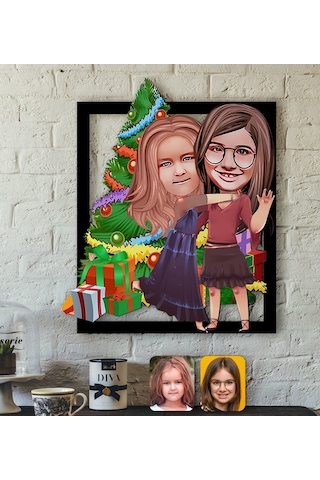 Kişiye Özel Yeni Yıl Kız Kardeşler Karikatürlü 3D Ahşap Tablo-3 (462902048)
