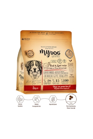 Mydog Original Tahılsız Sığır ve Kuzu Etli Büyük Irk Yetişkin Köpek Maması 3 KG