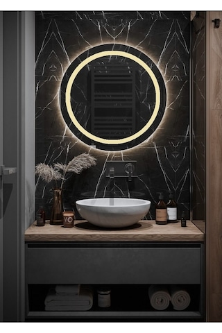 Nuun Dekor 60cm Günışığı Ledli Kumlamalı Banyo Lavabo Ofis Makyaj Kuaför Aynası - Trafolu Ahşap