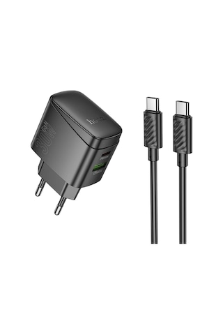 Hoco. Cs61a Bright 30w 1 Adet Type-c Ve 1 Adet Usb 3.0 Qc Çıkışlı Ekstra Type-c To Type-c Kablolu Pd Hızlı Şarj Aleti - Siyah