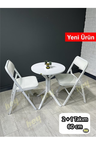 Mercan 2 Kişilik Yuvarlak Mutfak Yemek Masası Takımı 2+1 Beyaz Deri 60 Cm Beyaz 2'li