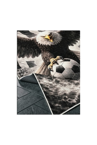 Taraftar Halısı Futbol Topu Desenli Antialerjik Kaymaz Taban Çocuk & Genç Odası Kilim Siyah-beyaz Siyah-beyaz
