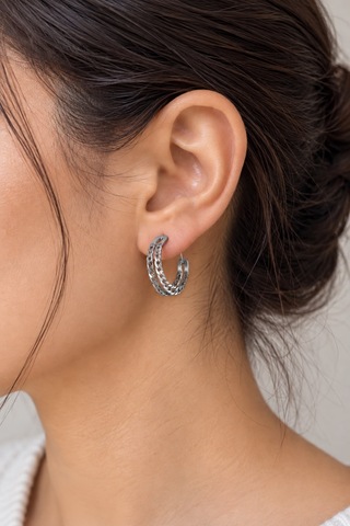 Kadın Çelik Küpe Çift Sıra Zincir Model Halka Küpe Modern Ve Şık Tasarım Gümüş