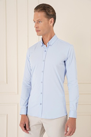 Efor Slim Fit Düğmeli Yaka Esnek Pamuk Klasik Mavi Gömlek Gk 727 Mavi