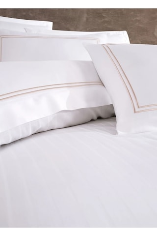 Dantela İmge Nakışlı Pamuk Saten Çift Kişilik Nevresim Tak-beyaz Beyaz