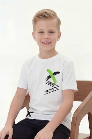Panios Kids White Yazı Baskılı Yuvarlak Yaka Kısa Kollu Erkek Çocuk Yazlık Tişört Beyaz