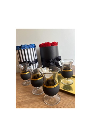 Gala 4'lü Kahve Yanı Su Bardağı, Çay Bardağı, Yaldızlı Black 4'lü Ayaklı Bardak Gold-yaldız-çok Renkli-siyah