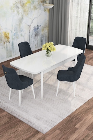 Mona Beyaz 80x132 Açılabilir Mdf Masa Yemek Odası Takımı, Mutfak Takımı 4 Adet Sandalye Beyaz Masa - 4 Antrasit - Beyaz Ayak