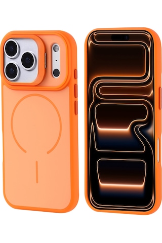 Techaks Apple Uyumlu iPhone 17 Pro Max Kılıf M-safe Şarj Özellikli Kamera Standlı Tchs Notron Kapak - Turuncu Turuncu