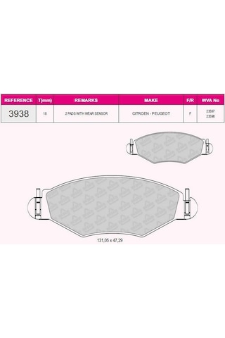 On Fren Balatası P206 1.4hdı 1.1 / 1.4 / 1.6 / 1.9 98 P206+ T3e 1.4 / 1.6 06kangoo 1.9d Tel Segm