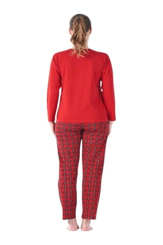 Estiva Ekose Desen Patlı Düğmeli Kareli Bayan Pijama Takım Kırmızı