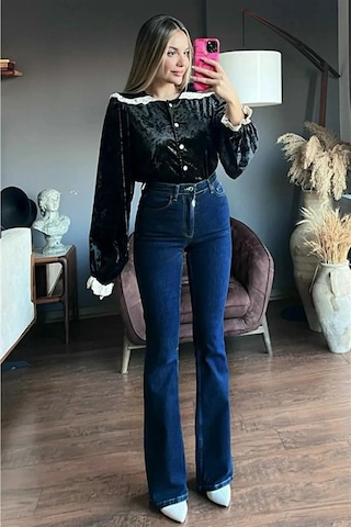 Woddi Tanye Lacivert İspanyol Yüksek Bel Toparlayıcı İspanyol Paça Solmaz Jeans Pantolon Laci Vert
