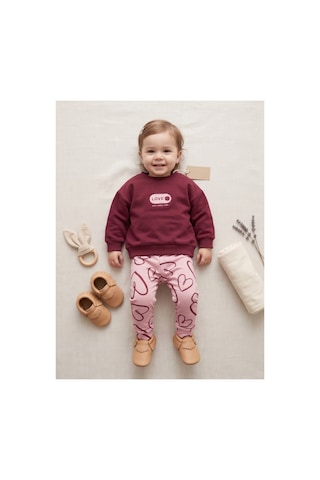 Deniva Kids Kız Bebek Bordo Sweatshirt Ve Kalp Desenli Pembe Eşofman Altı 2'li Pamuklu Takım