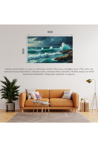 Doğa Ve Manzara Yatay Kayalara Çarpan Güçlü Okyanus Dalgaları, Dramatik Gökyüzü 06 Çerçevesiz 90x60cm Pvc Tablo