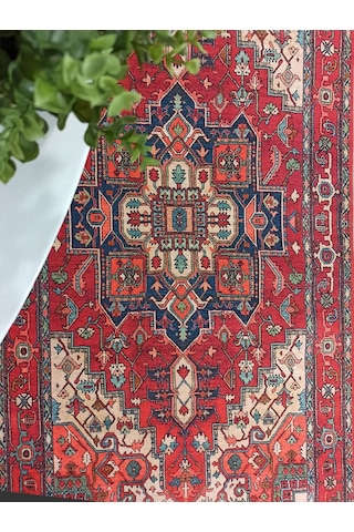 Eskitme Madalyon Desenli Kiremit Ve Lacivert Vintage Salon Halısı - 11428ou Kırmızı
