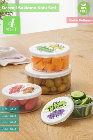 4 Lü Desenli Saklabı Kabı Seti Erzak Kabı Buzdolabı Kabı Yuvarlak Bpa Free Şeffaf