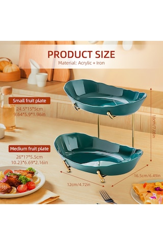 Yaozixa Çok Amaçlı Akrilik Meyve Sepeti - 2 Katlı Metal Ayaklı Pratik Servis Tepsisi Koyu Yeşil