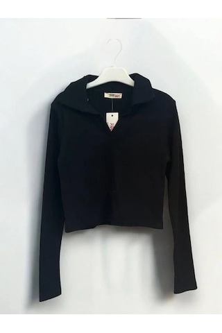 Kız Çocuk Mevsimlik Pamuklu V Yakalı Crop Bluz-14424 Siyah