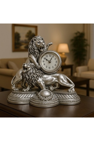 Gümüş Gold Aslan Figürlü Masa Saati 28x26 Gümüş