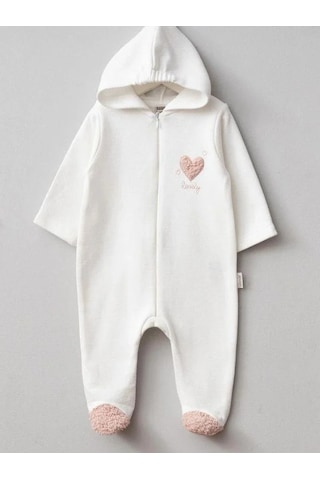 Kız Bebek Kalp Desenli Kapüşonlu Fermuarlı Tulum-15261 Ekru