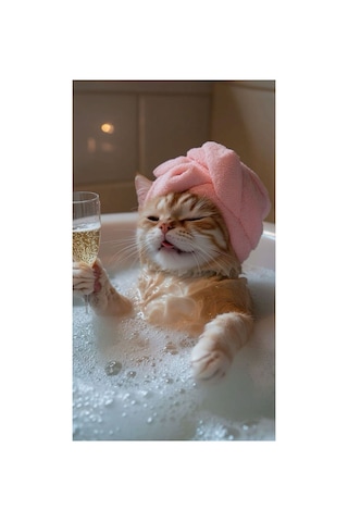 Küvette Şampanya İçen Kedi Ev Duvar Salon Güzellik Salonu Ofis Dükkan Dekarasyon Kanvas Tablo Kanvas