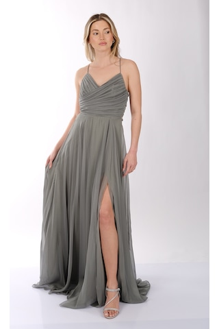 Dori İnce Askılı Önden Yırtmaçlı Drape Kiloş Abiye Elbise 00kb6128 Çağla