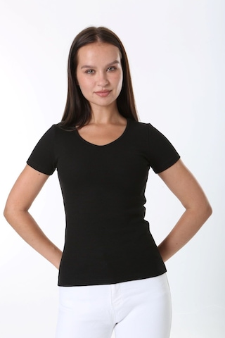 Rooted-kadın Basic V Yaka T-shirt ,fitilli Kaşkorse Kumaş Bluz SIYAH