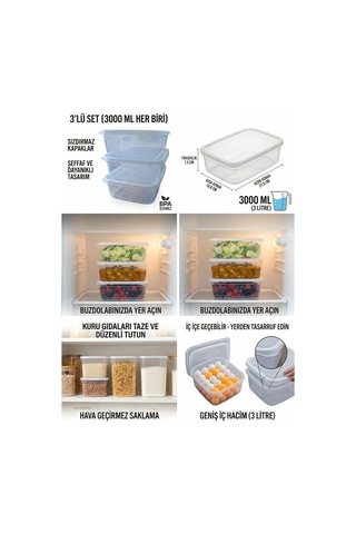 Lexroo Kapaklı Saklama Kabı 3'lü Set, 3000 Ml Her Biri, Şeffaf, Bpa İçermez, Hava Geçirmez