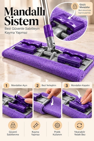 1 Adet Yedek Bez Fayans Duvar Yüzey Cam Mikrofiber Mandallı Mop
