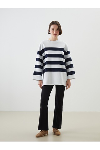Lcwaıkıkı Classic Lacivert Bisiklet Yaka Çizgili Oversize Kadın Sweatshirt Tunik