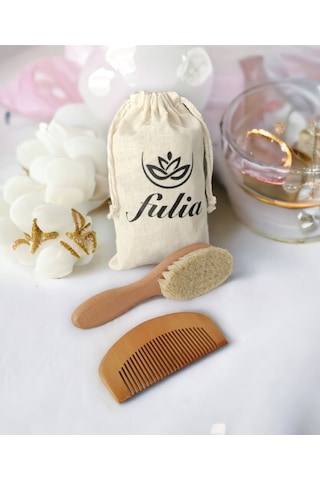 Fulia Doğal Keçi Kılı Bebek Saç Fırçası ve Ahşap Tarak 2'li Set