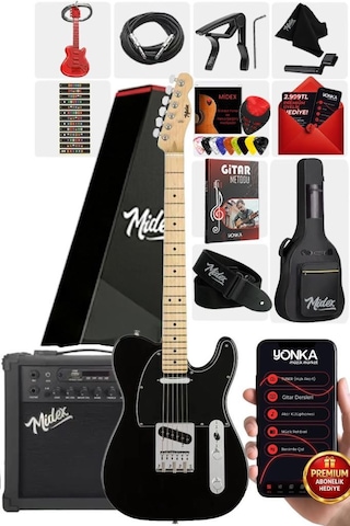 Midex TLX - 50BK - 25AMP Tele Kasa Maple Klavye 2 Single - Coil 25W Amfili Elektro Gitar