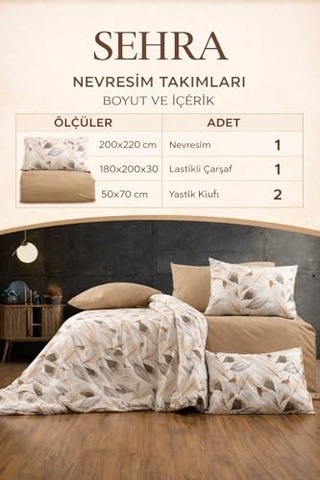 Lüks%80 Pamuklu Çift Kişilik Nevresim Takımı Seti Yorgan Kılıfı Krem Yaprak Desen 200x220 Cm + Lastikli Battal B Çok Renkli