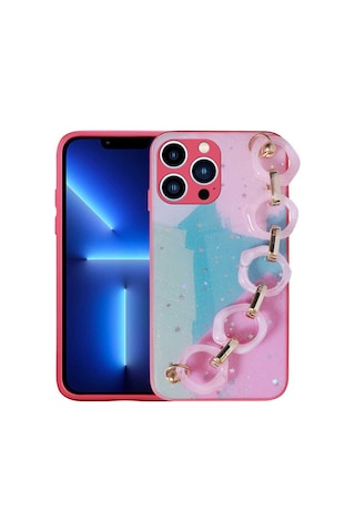 Apple Uyumlu iPhone 13 Pro Uyumlu Simli Desenli El Askılı Tutacaklı Zore Elsa Silikon Kılıf-pembe Koyu Pembe Koyu -